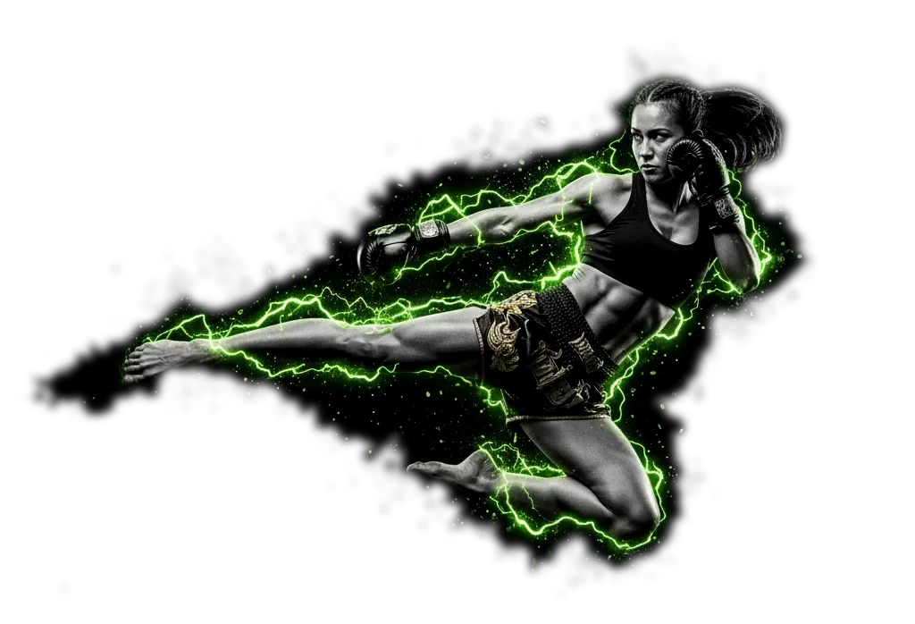 Muay-Thai-Fighter im Sprung mit grünem Energie-Effekt